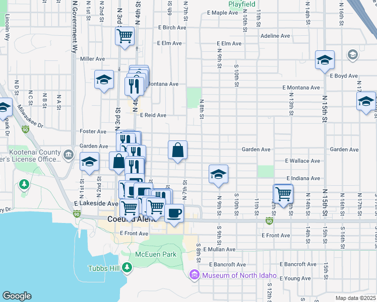 map of restaurants, bars, coffee shops, grocery stores, and more near 701 East Garden Avenue in Coeur d'Alene