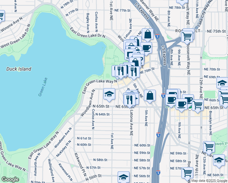 map of restaurants, bars, coffee shops, grocery stores, and more near 6806 Woodlawn Avenue Northeast in Seattle