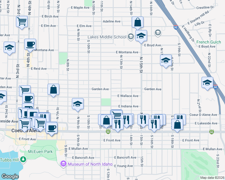 map of restaurants, bars, coffee shops, grocery stores, and more near 1202 East Garden Avenue in Coeur d'Alene
