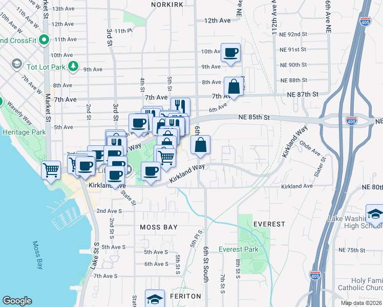 map of restaurants, bars, coffee shops, grocery stores, and more near 530 2nd Avenue in Kirkland