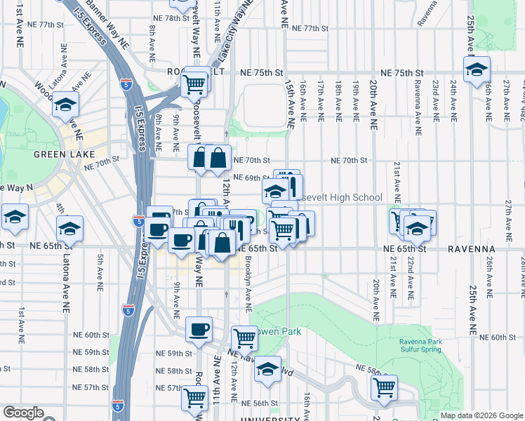 map of restaurants, bars, coffee shops, grocery stores, and more near 1410 Northeast 66th Street in Seattle