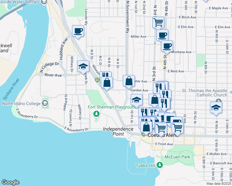 map of restaurants, bars, coffee shops, grocery stores, and more near 324 West Garden Avenue in Coeur d'Alene