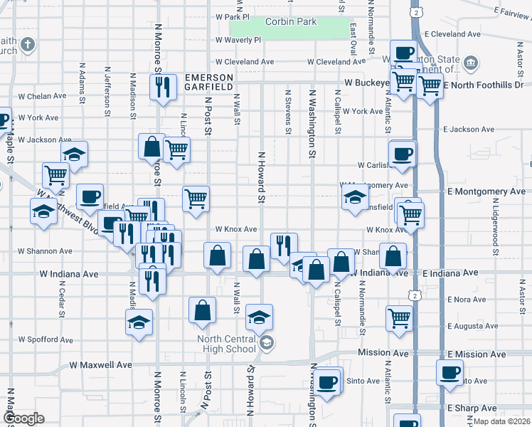 map of restaurants, bars, coffee shops, grocery stores, and more near 523 West Mansfield Avenue in Spokane