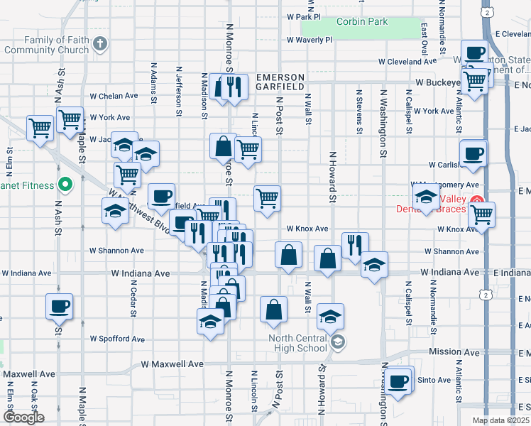 map of restaurants, bars, coffee shops, grocery stores, and more near 817 West Mansfield Avenue in Spokane