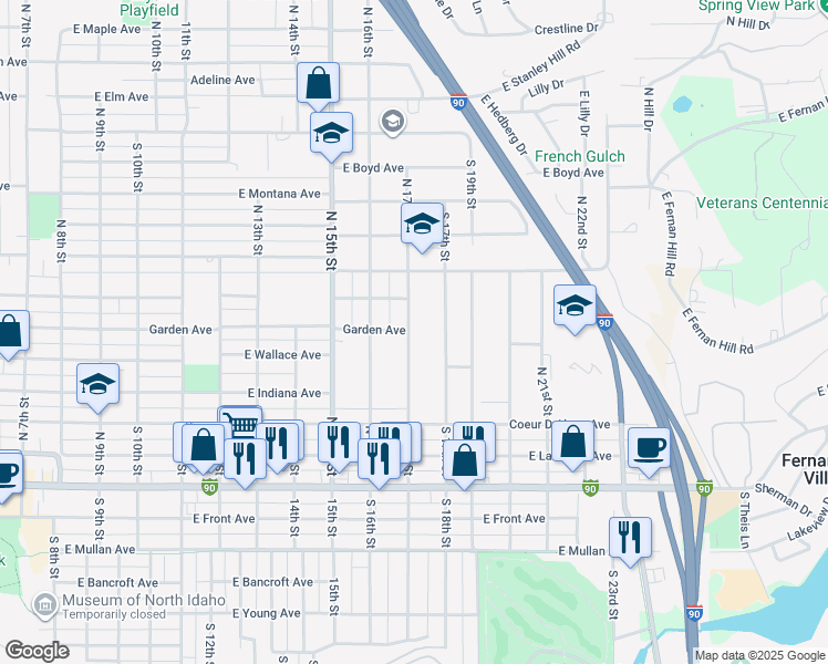 map of restaurants, bars, coffee shops, grocery stores, and more near 604 North 17th Street in Coeur d'Alene