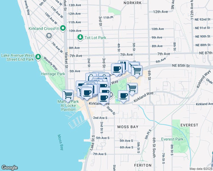 map of restaurants, bars, coffee shops, grocery stores, and more near 298 Central Way in Kirkland
