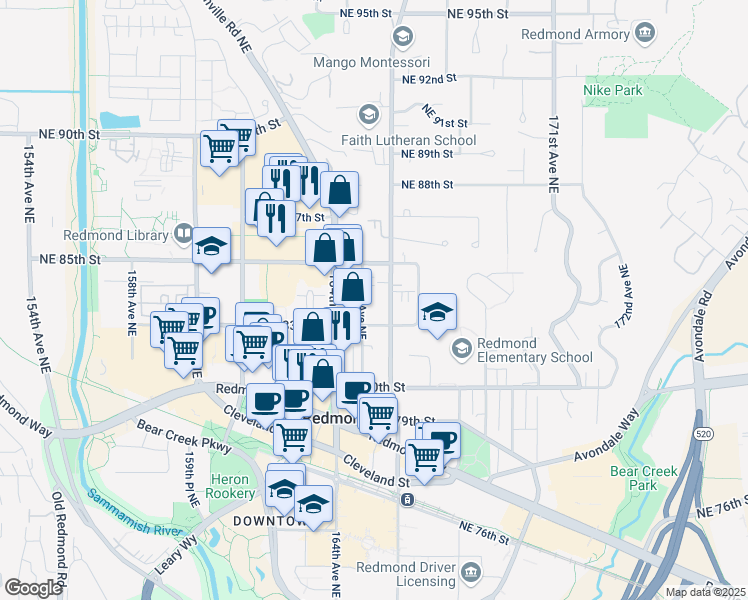 map of restaurants, bars, coffee shops, grocery stores, and more near 8357 166th Avenue Northeast in Redmond