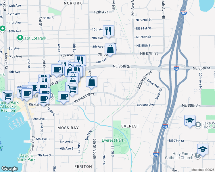 map of restaurants, bars, coffee shops, grocery stores, and more near 742 Kirkland Circle in Kirkland