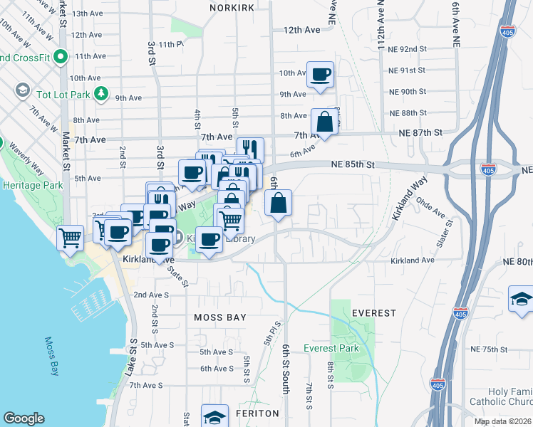 map of restaurants, bars, coffee shops, grocery stores, and more near 530 2nd Avenue in Kirkland