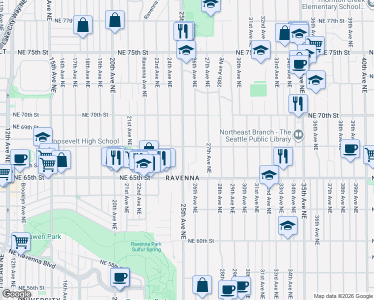 map of restaurants, bars, coffee shops, grocery stores, and more near 6555 25th Avenue Northeast in Seattle