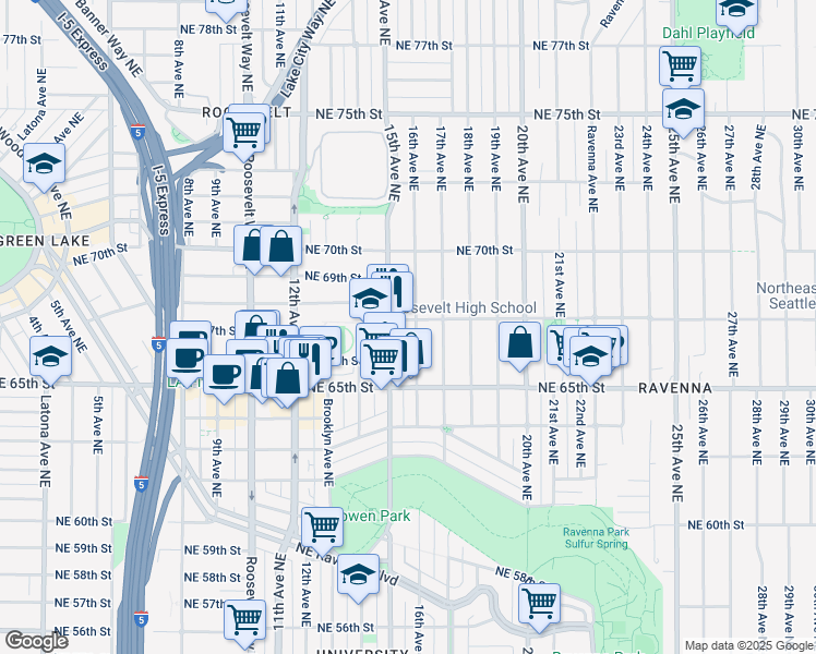 map of restaurants, bars, coffee shops, grocery stores, and more near in Seattle