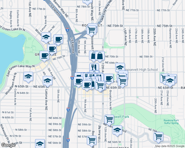map of restaurants, bars, coffee shops, grocery stores, and more near 858 Northeast 67th Street in Seattle
