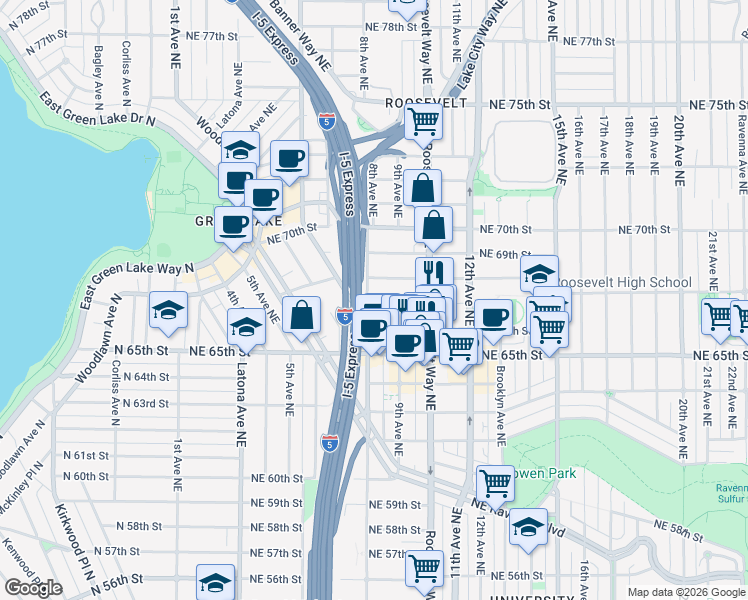 map of restaurants, bars, coffee shops, grocery stores, and more near 6704 8th Avenue Northeast in Seattle
