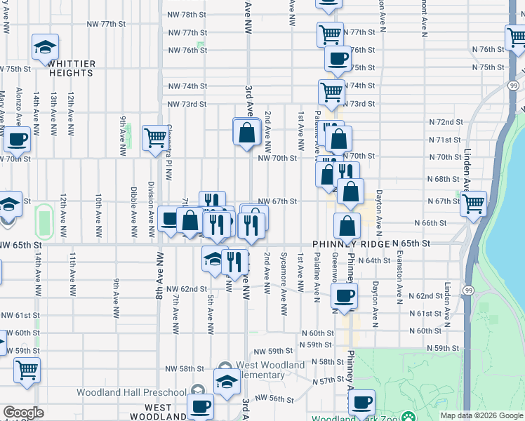 map of restaurants, bars, coffee shops, grocery stores, and more near 6553 2nd Avenue Northwest in Seattle