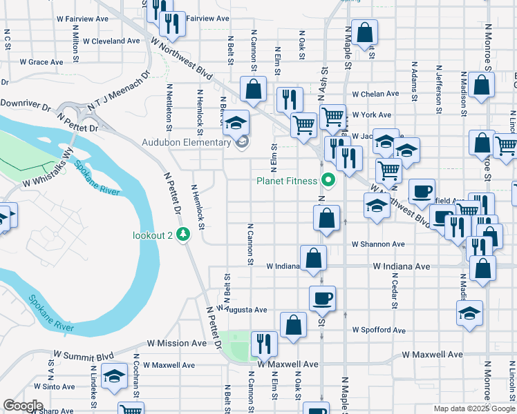 map of restaurants, bars, coffee shops, grocery stores, and more near 1923 West Mansfield Avenue in Spokane