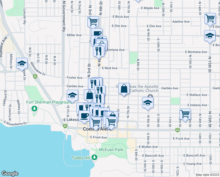 map of restaurants, bars, coffee shops, grocery stores, and more near 502 North 5th Street in Coeur d'Alene