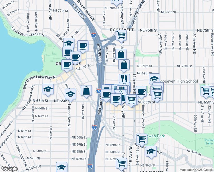 map of restaurants, bars, coffee shops, grocery stores, and more near 6704 8th Avenue Northeast in Seattle