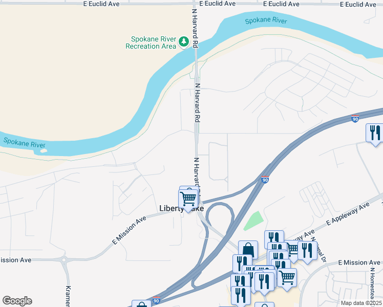 map of restaurants, bars, coffee shops, grocery stores, and more near 2211 North Harvard Road in Liberty Lake