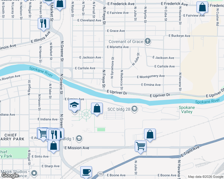 map of restaurants, bars, coffee shops, grocery stores, and more near 2104 North Freya Street in Spokane
