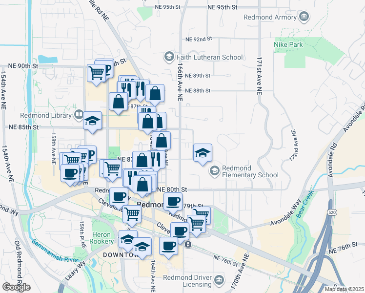 map of restaurants, bars, coffee shops, grocery stores, and more near 8357 166th Avenue Northeast in Redmond