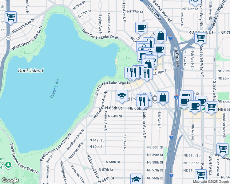 map of restaurants, bars, coffee shops, grocery stores, and more near 6549 Sunnyside Avenue North in Seattle