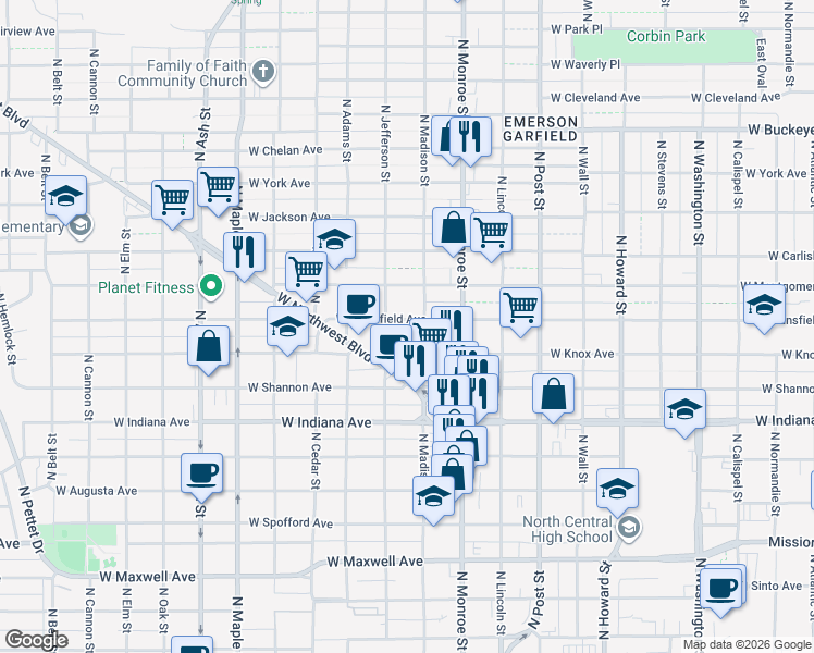 map of restaurants, bars, coffee shops, grocery stores, and more near 1115 West Mansfield Avenue in Spokane