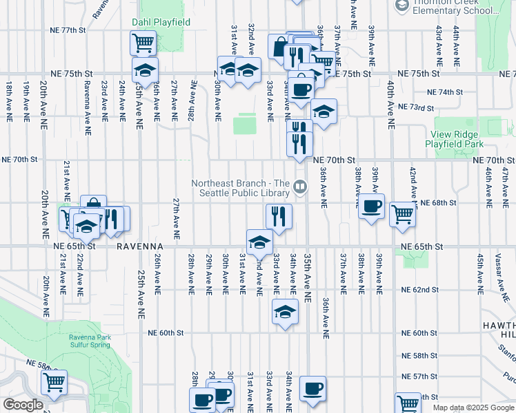 map of restaurants, bars, coffee shops, grocery stores, and more near 6555 32nd Avenue Northeast in Seattle