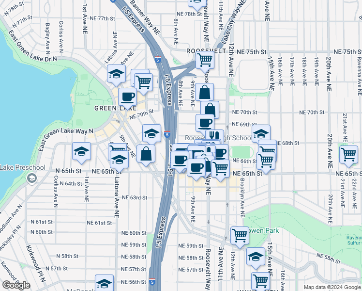 map of restaurants, bars, coffee shops, grocery stores, and more near 6704 8th Avenue Northeast in Seattle