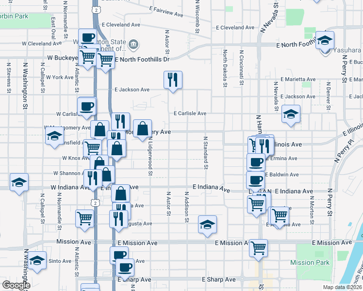 map of restaurants, bars, coffee shops, grocery stores, and more near 423 East Ermina Avenue in Spokane