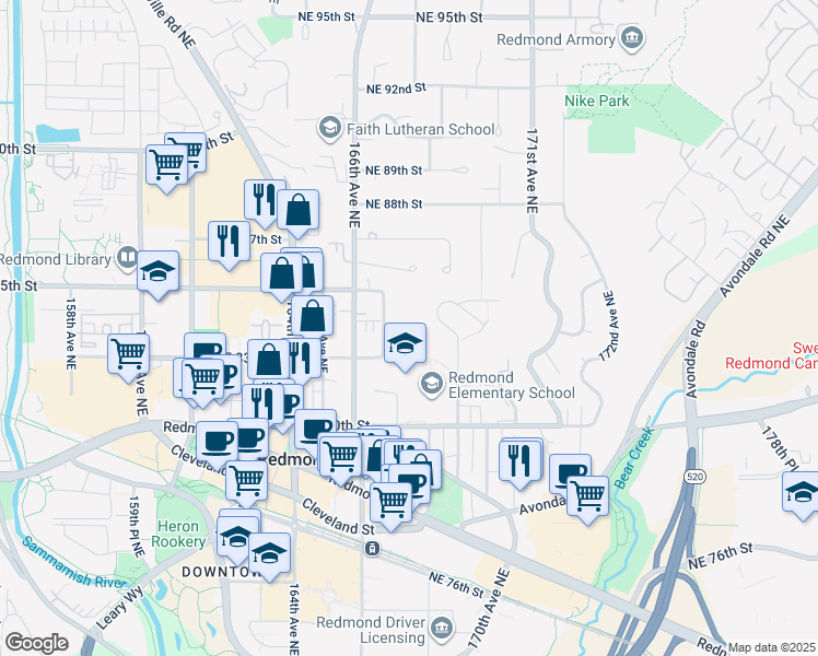 map of restaurants, bars, coffee shops, grocery stores, and more near 8340 167th Avenue Northeast in Redmond