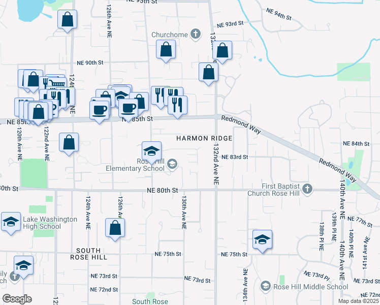 map of restaurants, bars, coffee shops, grocery stores, and more near 13011 Northeast 83rd Street in Kirkland