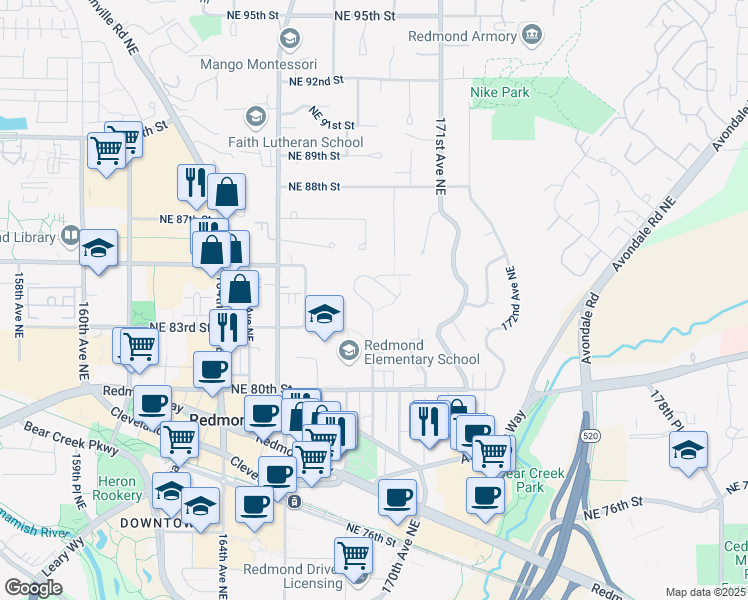 map of restaurants, bars, coffee shops, grocery stores, and more near 8438 169th Avenue Northeast in Redmond