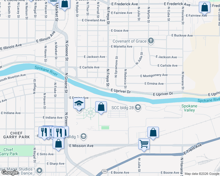 map of restaurants, bars, coffee shops, grocery stores, and more near 2104 North Freya Street in Spokane