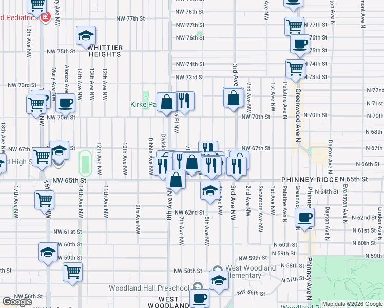 map of restaurants, bars, coffee shops, grocery stores, and more near 6553 6th Avenue Northwest in Seattle