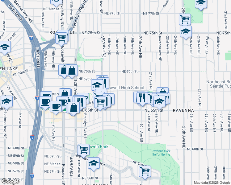 map of restaurants, bars, coffee shops, grocery stores, and more near 6559 17th Avenue Northeast in Seattle