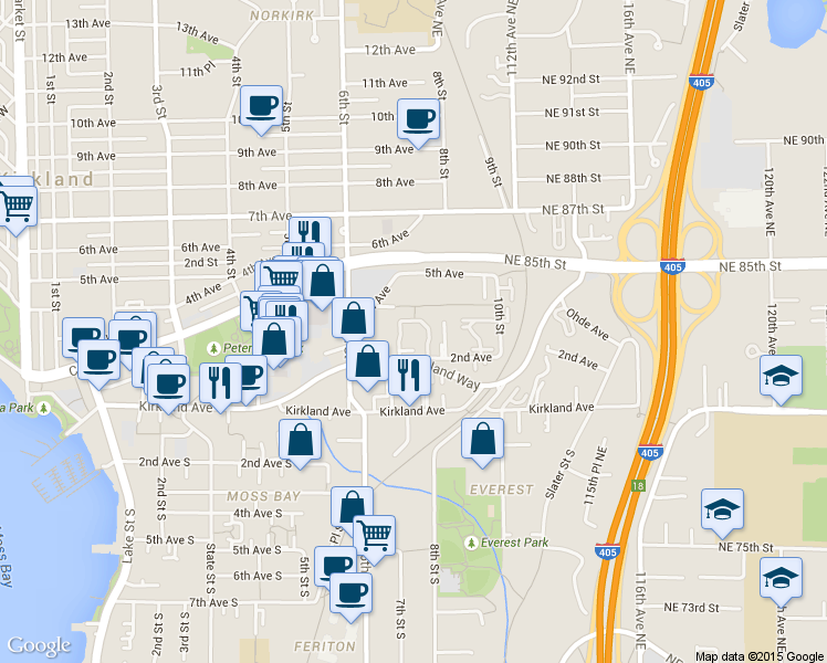 map of restaurants, bars, coffee shops, grocery stores, and more near 746 Kirkland Circle in Kirkland
