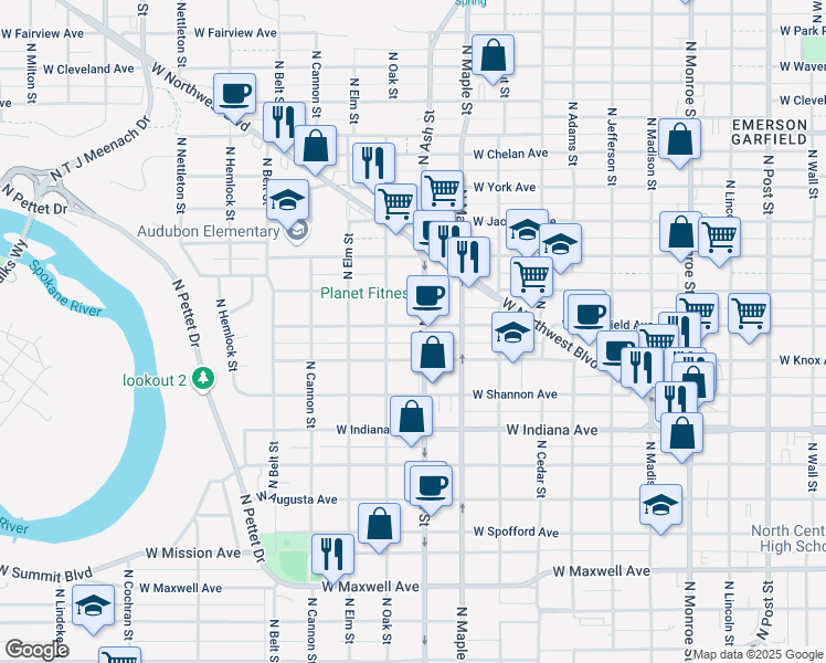 map of restaurants, bars, coffee shops, grocery stores, and more near 1723 West Mansfield Avenue in Spokane