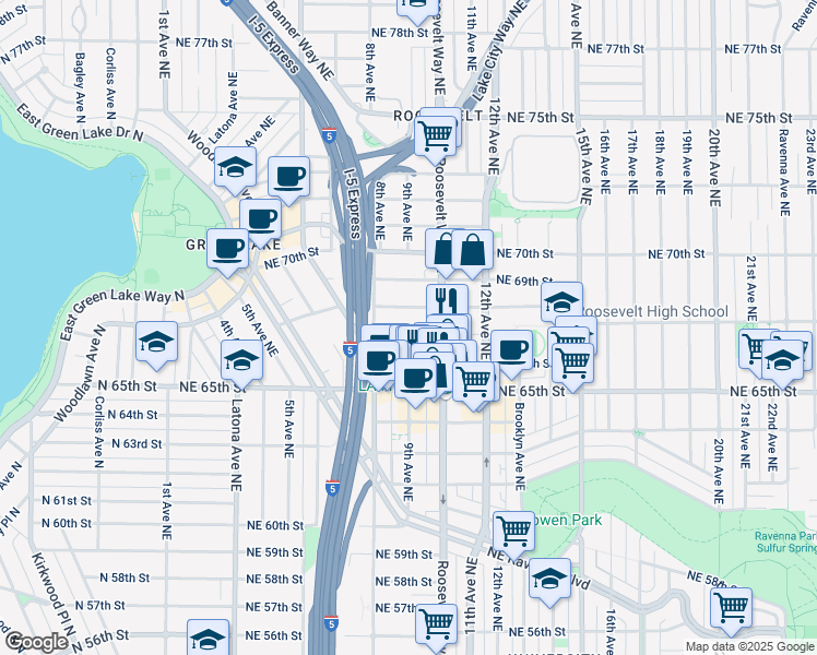 map of restaurants, bars, coffee shops, grocery stores, and more near 822 Northeast 67th Street in Seattle