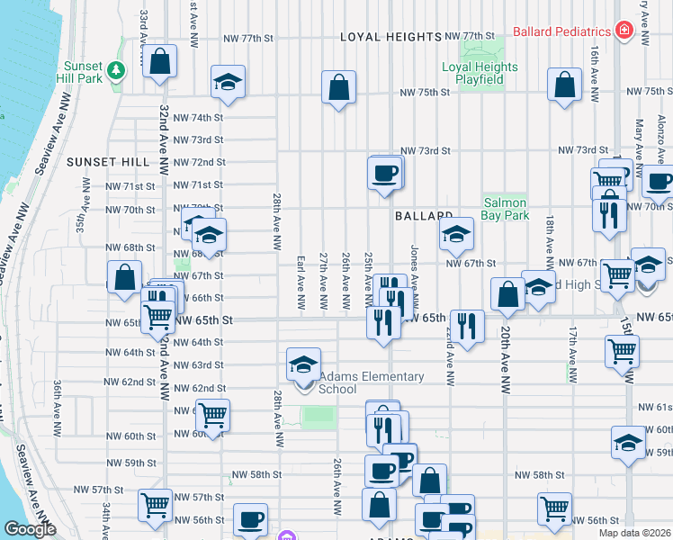 map of restaurants, bars, coffee shops, grocery stores, and more near 2609 Northwest 67th Street in Seattle