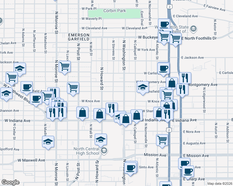 map of restaurants, bars, coffee shops, grocery stores, and more near 460 West Mansfield Avenue in Spokane