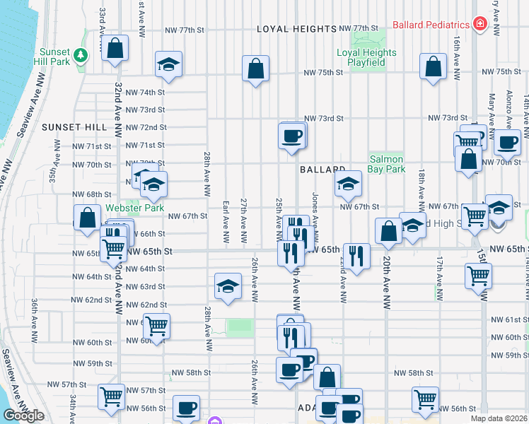 map of restaurants, bars, coffee shops, grocery stores, and more near 6554 26th Avenue Northwest in Seattle