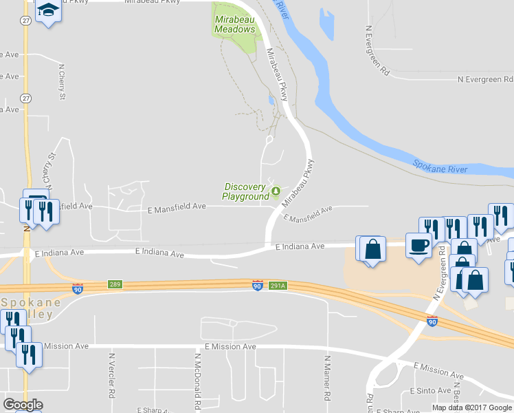 map of restaurants, bars, coffee shops, grocery stores, and more near 13239 East Mansfield Avenue in Spokane