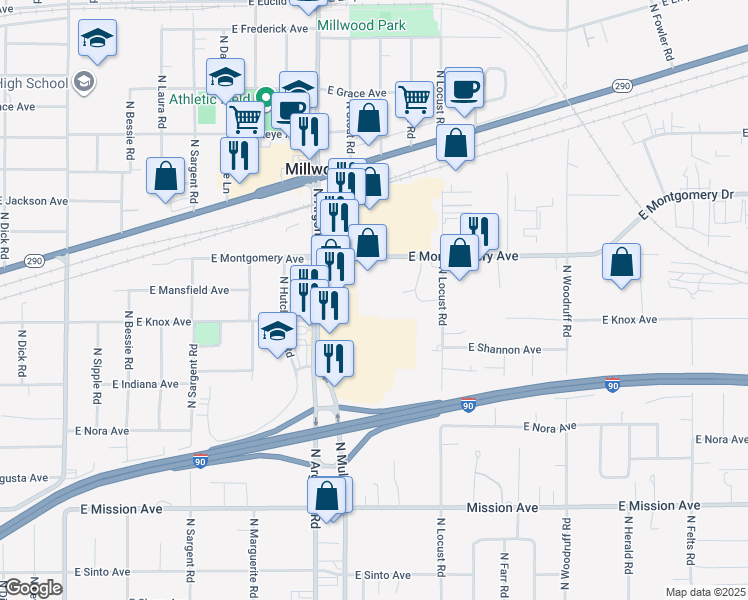 map of restaurants, bars, coffee shops, grocery stores, and more near 9310 East Montgomery Avenue in Spokane Valley