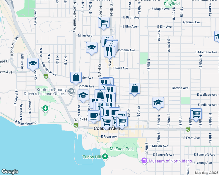 map of restaurants, bars, coffee shops, grocery stores, and more near 518 North 4th Street in Coeur d'Alene