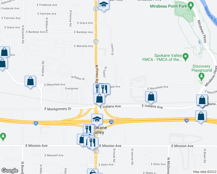 map of restaurants, bars, coffee shops, grocery stores, and more near in Spokane Valley