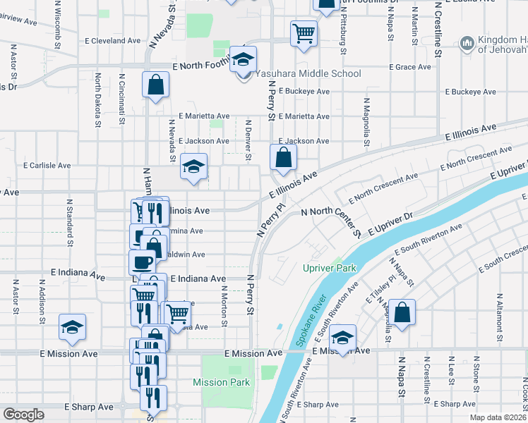 map of restaurants, bars, coffee shops, grocery stores, and more near 1320 East Illinois Avenue in Spokane
