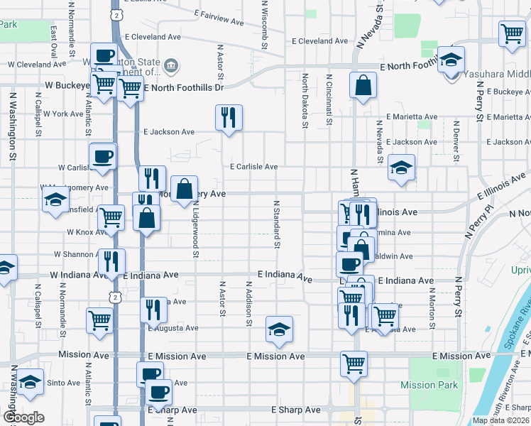 map of restaurants, bars, coffee shops, grocery stores, and more near 519 East Ermina Avenue in Spokane