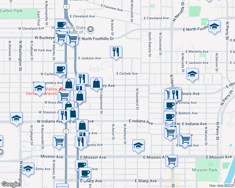 map of restaurants, bars, coffee shops, grocery stores, and more near 423 East Ermina Avenue in Spokane