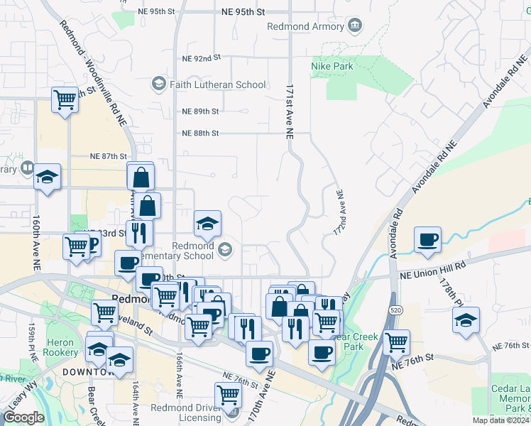 map of restaurants, bars, coffee shops, grocery stores, and more near 8400 169th Place Northeast in Redmond