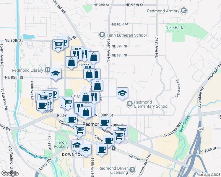 map of restaurants, bars, coffee shops, grocery stores, and more near 8357 166th Avenue Northeast in Redmond